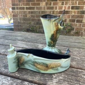 Antique mid-century Hull parchment and pine vase and planter